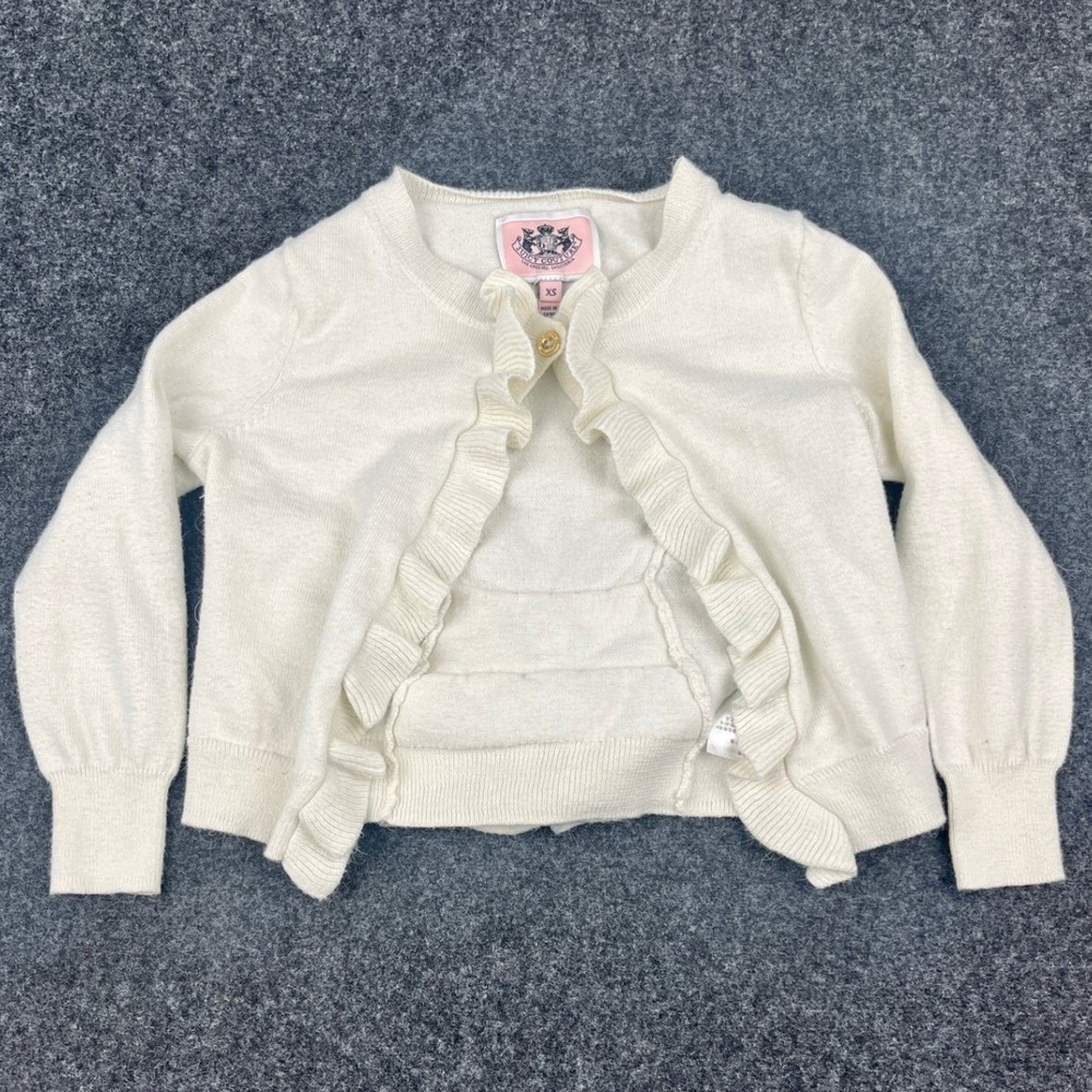 Y2K Juicy Couture Cream Ruffle Cardigan Sweater Womens XS Peplum Alpaca